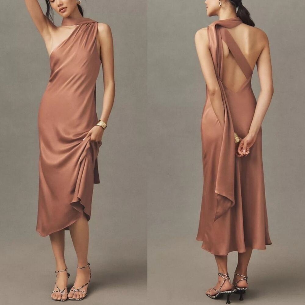 BHLDN Anthropologie Nicoletta One Shoulder Scarf Satin Midi Dress Cedar Brown XL